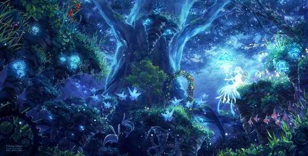 Anime picture 2000x1014 with original minami seira single highres short hair wide image sitting white hair girl dress flower (flowers) plant (plants) animal wings tree (trees) bird (birds) fish (fishes)