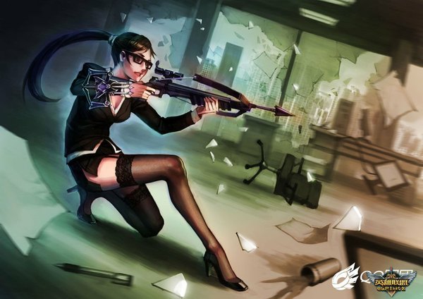 Anime picture 1000x707 with league of legends vayne (league of legends) single long hair black hair sitting ponytail profile alternate costume city alternate hairstyle battle destruction girl thighhighs weapon black thighhighs glasses window chair