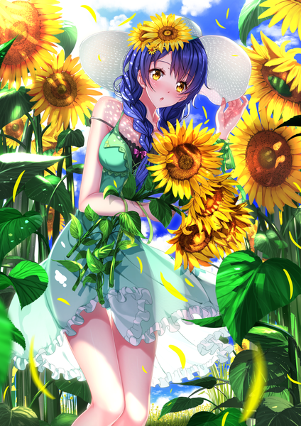 Anime picture 1102x1560 with shokugeki no soma j.c. staff tadokoro megumi swordsouls single long hair tall image looking at viewer blush breasts holding yellow eyes blue hair sky cloud (clouds) bent knee (knees) braid (braids) wind leaning leaning forward