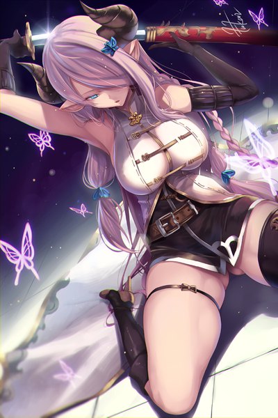 Anime picture 620x930 with granblue fantasy narmaya (granblue fantasy) fukai ryosuke single tall image fringe breasts open mouth blue eyes light erotic large breasts sitting holding signed pink hair braid (braids) very long hair horn (horns) pointy ears hair over one eye