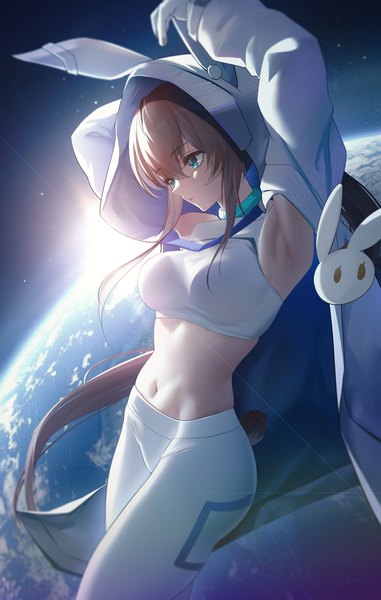 Anime picture 1080x1701 with arknights amiya (arknights) amiya (guard) (arknights) amiya (guard) (touch the stars) (arknights) liu liaoliao single long hair tall image fringe breasts hair between eyes brown hair animal ears payot tail animal tail aqua eyes arms up armpit (armpits) midriff
