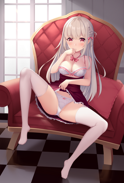 Anime picture 1357x2000 with original karin (fineyanny) single long hair tall image looking at viewer blush fringe breasts light erotic hair between eyes large breasts sitting bare shoulders payot silver hair full body bent knee (knees) indoors braid (braids)