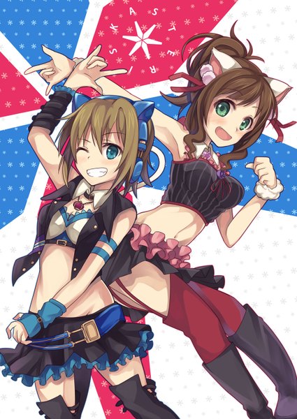 Anime picture 1000x1412 with idolmaster idolmaster cinderella girls maekawa miku tada riina tall image blush short hair open mouth blue eyes smile brown hair bare shoulders multiple girls green eyes animal ears ponytail tail animal tail one eye closed wink