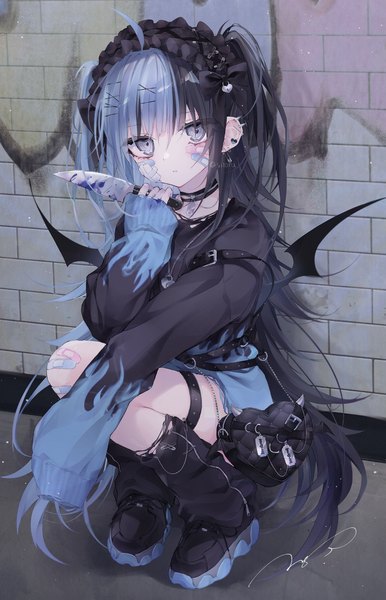 Anime picture 3053x4748 with original si10ra single long hair tall image looking at viewer highres black hair holding signed absurdres full body ahoge long sleeves multicolored hair aqua hair two-tone hair grey eyes two side up twitter username