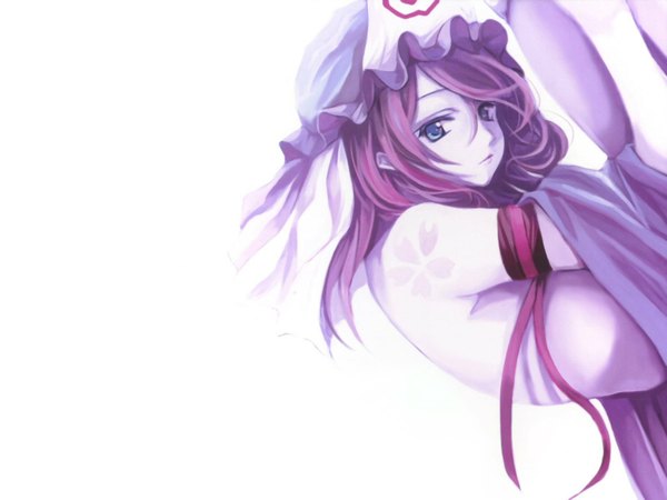 Anime picture 1600x1200 with touhou saigyouji yuyuko cradle (artist) blue eyes purple hair girl ribbon (ribbons) hat