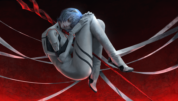 Anime picture 8000x4533 with neon genesis evangelion rebuild of evangelion evangelion: 3.0 you can (not) redo gainax ayanami rei nixeu single looking at viewer fringe highres short hair simple background hair between eyes red eyes wide image blue hair absurdres full body lips realistic