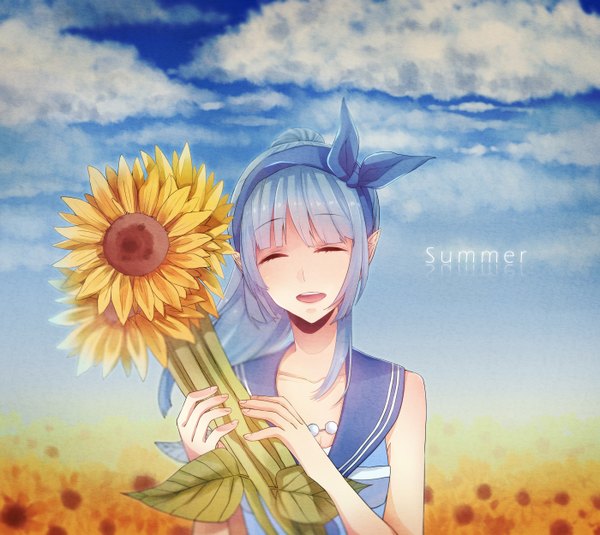 Anime picture 2800x2500 with dragon nest archer (dragon nest) yuu_ko single long hair fringe highres open mouth holding blue hair sky cloud (clouds) eyes closed pointy ears inscription summer girl flower (flowers) hairband beads
