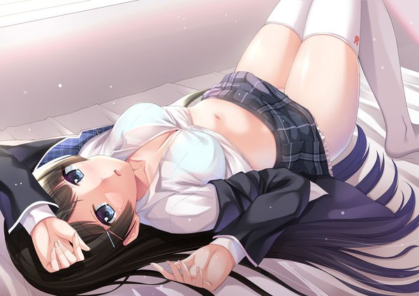 Anime picture 1062x752 with virtual youtuber nijisanji tsukino mito yoruda single long hair looking at viewer blush fringe breasts blue eyes light erotic black hair lying parted lips open clothes on back pantyshot plaid skirt skirt lift