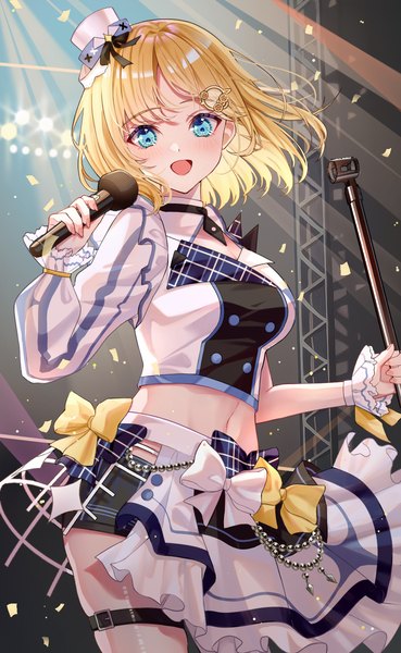 Anime picture 1033x1678 with virtual youtuber hololive hololive english watson amelia shirase rin single tall image looking at viewer blush fringe short hair open mouth blue eyes blonde hair smile holding blunt bangs long sleeves :d midriff