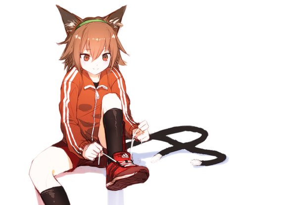 Anime picture 1098x760 with touhou adidas chen terada yuki kinketsu single fringe short hair simple background smile hair between eyes brown hair white background sitting brown eyes animal ears tail animal tail cat ears cat girl