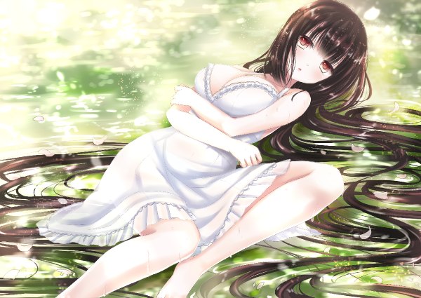 Anime picture 1200x850 with original hiroharu single blush breasts light erotic brown hair large breasts brown eyes cleavage lying very long hair bare legs wet legs looking up wet clothes girl dress petals
