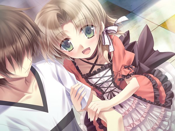 Anime picture 1024x768 with nadeshiko drip kozakura hina short hair open mouth black hair blonde hair green eyes game cg couple girl dress boy