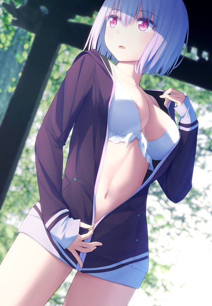 Anime picture 2400x3450 with gridman universe ssss.gridman studio trigger shinjou akane haribote (tarao) single tall image blush fringe highres short hair breasts open mouth light erotic hair between eyes large breasts standing looking away purple hair outdoors