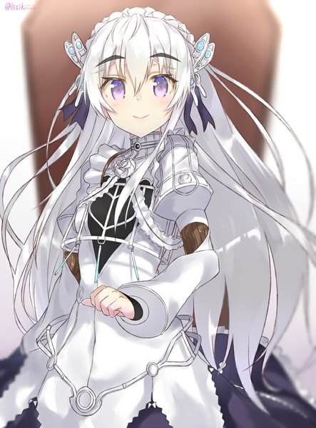 Anime picture 800x1083 with hitsugi no chaika studio bones chaika trabant isshiki (ffmania7) single long hair tall image looking at viewer fringe smile purple eyes signed silver hair lolita fashion girl dress hair ornament ribbon (ribbons) hair ribbon butterfly hair ornament