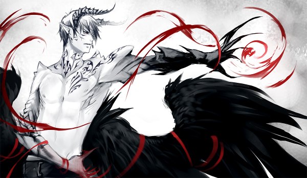 Anime picture 1200x696 with original yaichino (artist) single short hair wide image white hair horn (horns) pointy ears tattoo monochrome topless face paint demon demon boy boy wings