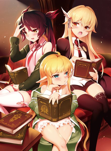 Anime picture 679x927 with tanaka the wizard edita (tanaka the wizard) ester fitz clarence mdastarou long hair tall image blush open mouth blue eyes black hair blonde hair red eyes sitting twintails multiple girls brown eyes pointy ears zettai ryouiki crossed legs frown