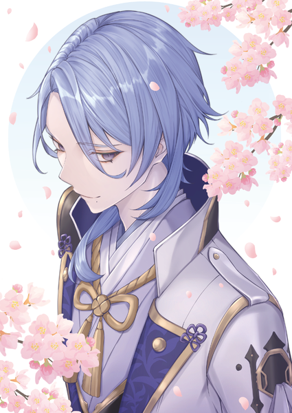 Anime picture 829x1169 with genshin impact kamisato ayato soeru eru single long hair tall image smile purple eyes blue hair upper body from above mole cherry blossoms mole under mouth boy flower (flowers) petals tassel branch
