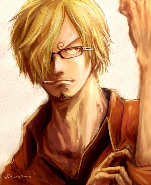 Anime picture 1670x2048 with one piece toei animation sanji torapunch single tall image fringe short hair blonde hair simple background holding brown eyes signed looking away upper body arm up hair over one eye twitter username mouth hold eyebrows