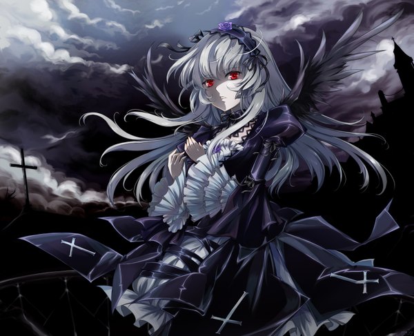 Anime picture 1600x1300 with rozen maiden suigintou mtyy long hair red eyes silver hair cloud (clouds) night girl dress wings black dress cross bonnet