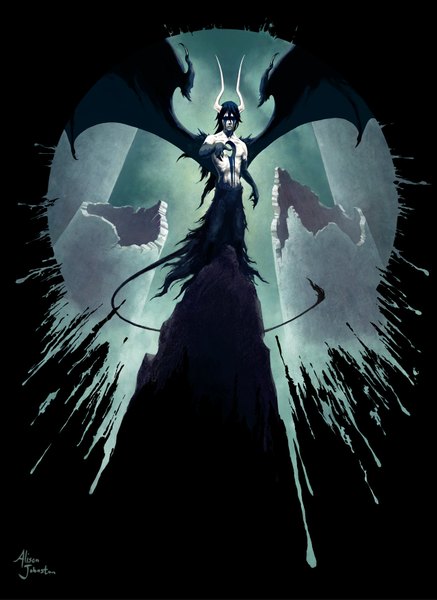 Anime picture 1280x1755 with bleach studio pierrot ulquiorra schiffer xovq single tall image short hair black hair standing tail horn (horns) outstretched arm looking down pale skin bat wings face paint espada boy wings stone (stones)