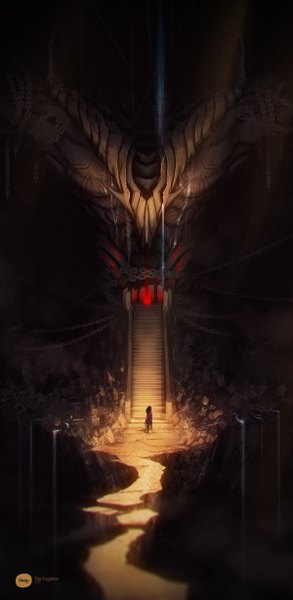 Anime picture 1200x2455 with original hikaruga tall image from behind sunlight silhouette demon waterfall girl water blood chain stairs road cave