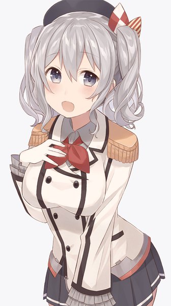 Anime picture 642x1145 with kantai collection kashima training cruiser nagitoki single tall image looking at viewer blush fringe short hair open mouth simple background hair between eyes twintails long sleeves pleated skirt grey hair black eyes grey background hand on chest short twintails