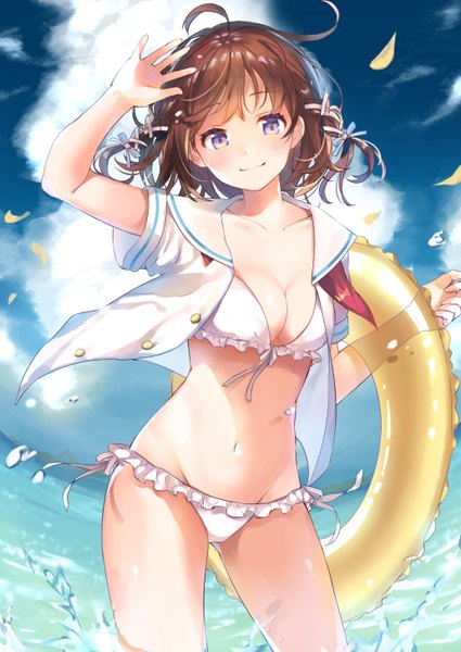 Anime picture 1032x1457 with original yushima single tall image looking at viewer blush fringe short hair breasts light erotic smile brown hair standing purple eyes holding sky cloud (clouds) ahoge outdoors braid (braids)
