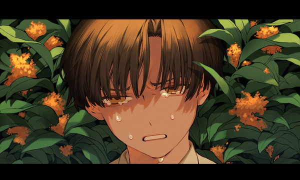 Anime-Bild 2000x1200 mit original uminonew single highres short hair brown hair wide image brown eyes tears letterboxed close-up shaded face face clenched teeth boy flower (flowers) bushes osmanthus fragrans
