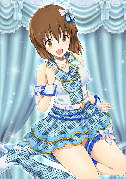 Anime picture 707x1000 with idolmaster idolmaster (classic) hagiwara yukiho maruwa tarou single tall image looking at viewer blush short hair open mouth brown hair brown eyes check my note girl dress hair ornament boots frills
