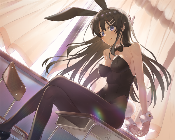 Anime picture 1136x909 with seishun buta yarou cloverworks sakurajima mai hayashi kewi single long hair looking at viewer fringe breasts blue eyes light erotic black hair smile hair between eyes sitting bare shoulders animal ears indoors tail animal tail