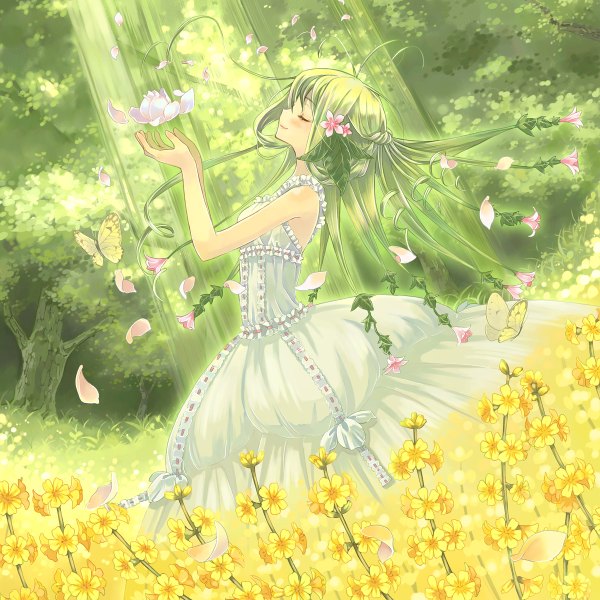 Anime picture 1200x1200 with original tsukasa (breeze) single long hair ahoge eyes closed green hair sunlight girl flower (flowers) plant (plants) petals tree (trees) insect butterfly sundress