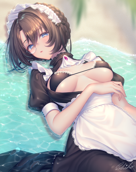 Anime picture 779x986 with original sakura shiho single tall image looking at viewer blush fringe short hair breasts blue eyes light erotic black hair hair between eyes signed outdoors lying braid (braids) maid on back puffy sleeves