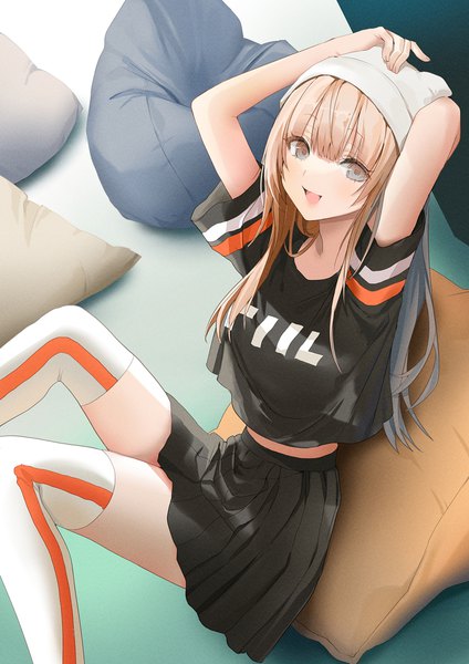 Anime picture 827x1169 with original lloule single long hair tall image looking at viewer blush fringe breasts open mouth blonde hair smile sitting bent knee (knees) blunt bangs :d pleated skirt arm up arms up short sleeves