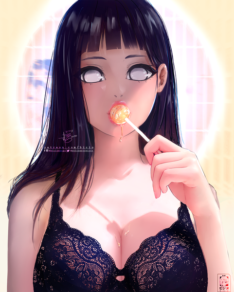 Anime picture 1605x2000 with naruto studio pierrot naruto (series) hyuuga hinata bicio single long hair tall image looking at viewer fringe breasts light erotic black hair large breasts holding signed cleavage upper body blunt bangs arm up