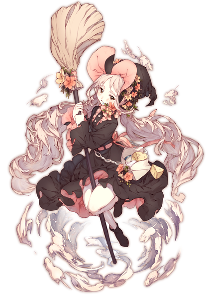 Anime picture 1299x1874 with original ozyako single tall image blush simple background blonde hair white background brown eyes full body very long hair between legs witch girl dress flower (flowers) hat animal food black dress