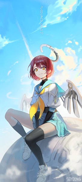 Anime picture 700x1543 with original soyoong jun single tall image looking at viewer short hair sitting signed yellow eyes sky cloud (clouds) outdoors red hair symbol-shaped pupils + + asymmetrical legwear mechanical wings girl uniform wings