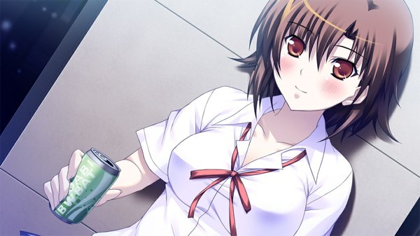 Anime picture 1024x576 with primary step blush short hair brown hair wide image brown eyes game cg girl serafuku