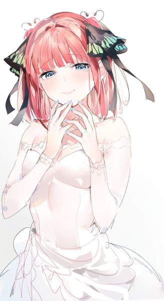 Anime picture 1122x2048 with go-toubun no hanayome nakano nino umibouzu (niito) single tall image looking at viewer blush fringe short hair blue eyes simple background standing white background bare shoulders payot pink hair upper body blunt bangs long sleeves nail polish