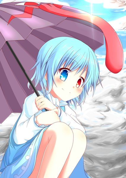 Anime picture 2477x3500 with touhou tatara kogasa wakagi repa single tall image blush highres short hair sitting blue hair loli heterochromia girl umbrella