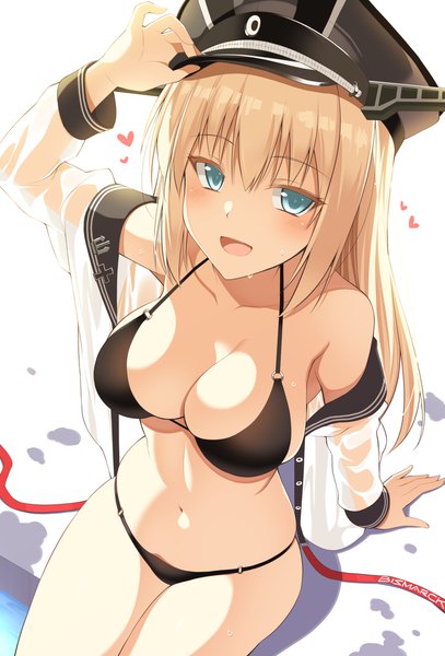 Anime picture 1359x2000 with kantai collection bismarck battleship oota yuuichi single long hair tall image looking at viewer blush fringe breasts open mouth light erotic blonde hair hair between eyes large breasts sitting holding payot cleavage arm up