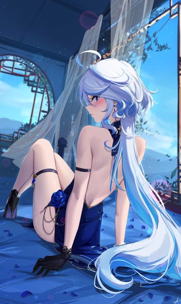 Anime picture 2925x4897 with genshin impact furina (genshin impact) feint721 single long hair tall image looking at viewer blush fringe highres blue eyes light erotic hair between eyes sitting bare shoulders sky silver hair ahoge bent knee (knees) profile