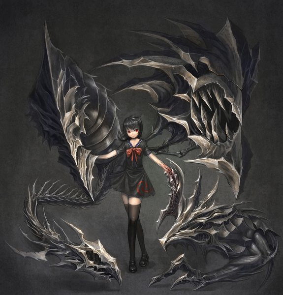 Anime picture 1914x2000 with touhou houjuu nue zhengyifan7 single tall image highres short hair black hair simple background smile red eyes standing looking away teeth zettai ryouiki crossed legs (standing) transformation girl thighhighs dress