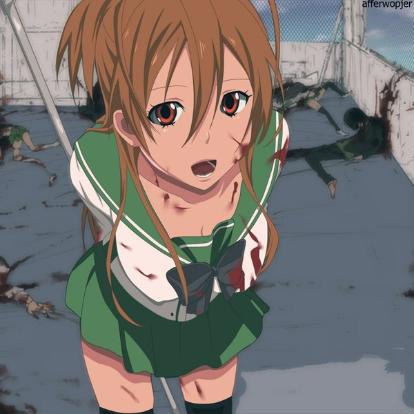 Anime picture 1024x1024 with highschool of the dead madhouse miyamoto rei afferwopjer single long hair open mouth red eyes brown hair coloring death girl thighhighs uniform bow black thighhighs school uniform blood fence corpse