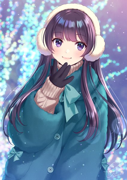 Anime picture 1156x1637 with original morikura en single long hair tall image looking at viewer blush fringe black hair smile purple eyes signed upper body blunt bangs long sleeves dated girl gloves black gloves buttons