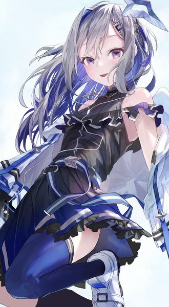 Anime picture 2352x4275 with virtual youtuber hololive amane kanata amane kanata (3rd costume) fudepenbrushpen single long hair tall image looking at viewer highres open mouth purple eyes silver hair :d multicolored hair two-tone hair official alternate costume colored inner hair girl thighhighs