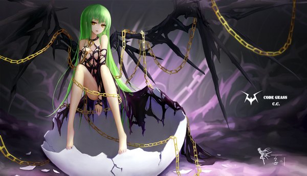 Anime picture 1400x803 with code geass sunrise (studio) c.c. wangchuan de quanyan single long hair fringe light erotic wide image sitting yellow eyes barefoot green hair legs girl wings chain