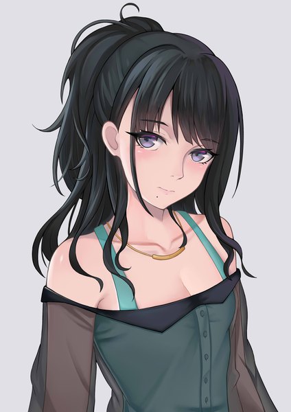 Anime picture 2480x3507 with idolmaster idolmaster shiny colors kazano hiori xixing si yao meng single long hair tall image looking at viewer blush fringe highres breasts black hair simple background purple eyes bare shoulders holding payot cleavage upper body