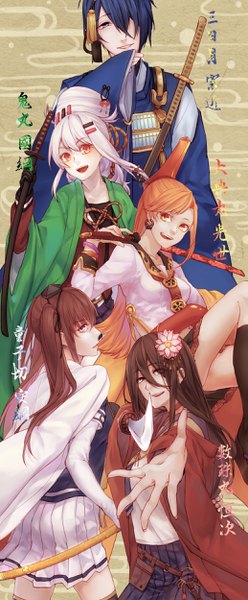 Anime picture 1036x2500 with touken ranbu shinken!! nitroplus mikazuki munechika onimaru tsuna mitsuyo oodenta raiko doujigiri ren juzumaru chyo000 long hair tall image fringe short hair open mouth blue eyes hair between eyes red eyes brown hair twintails multiple girls