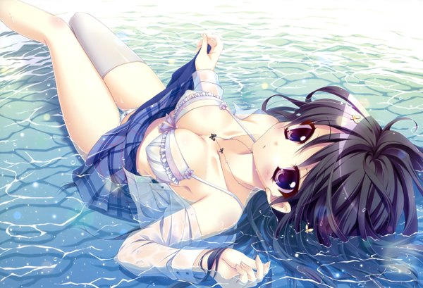 Anime picture 5253x3584 with izumi tsubasu single looking at viewer blush highres short hair breasts light erotic black hair purple eyes absurdres cleavage looking back on back erect nipples partially submerged covered nipples wet clothes girl thighhighs
