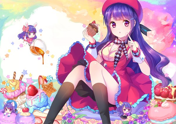 Anime picture 1200x850 with vocaloid xin hua stellarism long hair looking at viewer blush fringe open mouth blue eyes sitting animal ears blue hair bent knee (knees) lying pink eyes cat ears :o bunny ears sleeveless on stomach